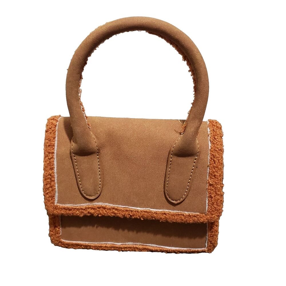 Mini Brown Vegan Suede & Faux Sherpa Purse Handbag Single Top Handle